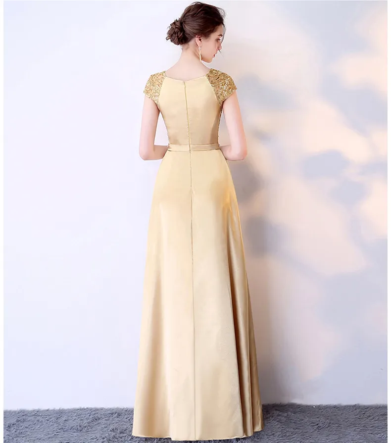 Bateau Neck Satin Long Evening Dresses Gold Royal Blue Black Evening Gowns with Crystal Sash New Short Sleeves Prom Dresses