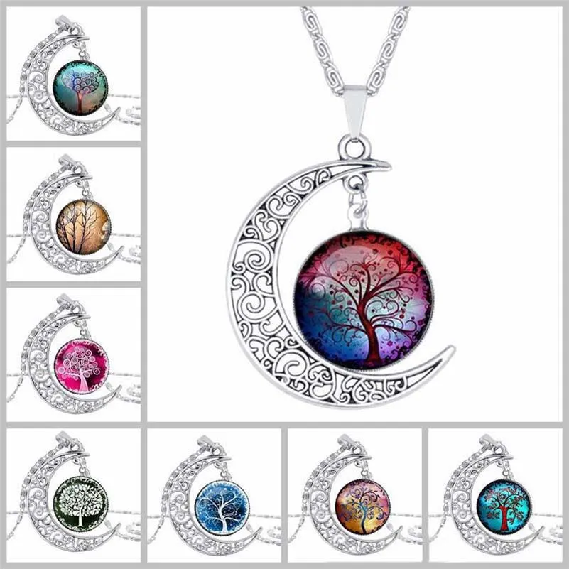 شجرة الحياة قلادة الأحجار الكريمة القمر الزجاج كابوشون قلادة سلسلة فضية الأزياء الوقت سلسلة سترة الأحجار الكريمة