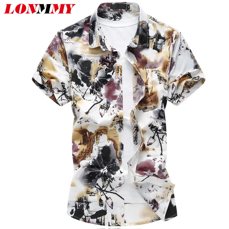 Lonmy 2018 verão flor homens camisas vestido casual camisetas slim fit floral camisa branca homens mangas curtas mais tamanho 6xl