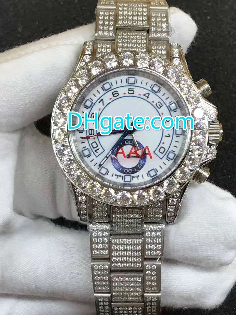 41MM Full iced men's watch diamonds silver case white face blue hands small circle full works automatic movement luxury wristwatch
