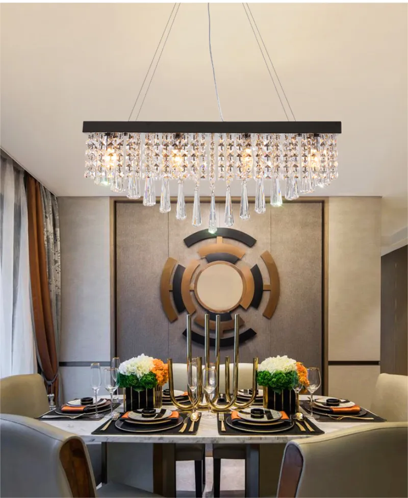 Modern Crystal Chandelier Lamp Rectangle LED Hanging Lighting Pearl Black Stainless steel Suspension Lamps for Dining Room Livingroom