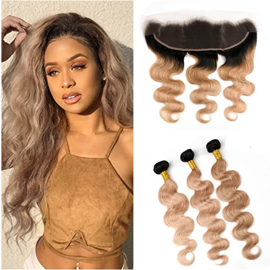 Two Tone Human Hair Weaves 1b 27 Honey Blonde Virgin Malaysian Hair Extensions With Lace Frontal Dark Roots Body Wave Ombre Hair Bundles