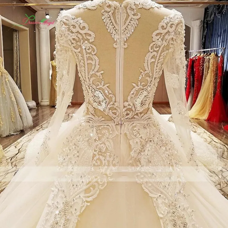 Increíble abalorios vestidos de novia Ilusión Top Mangas largas Vestidos de novia Una línea de encaje Apliques Corte de tren Vestidos de boda por encargo