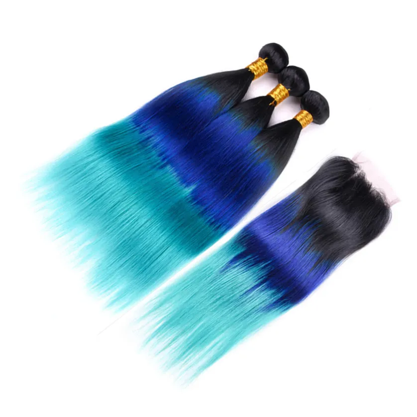 Straight # 1b / Blue / Teal Dark Root Three Tone Ombre Peruvian Virgin Human Hair Weaves 3 Bundle Deals med Ombre 4x4 Lace Closure Piece