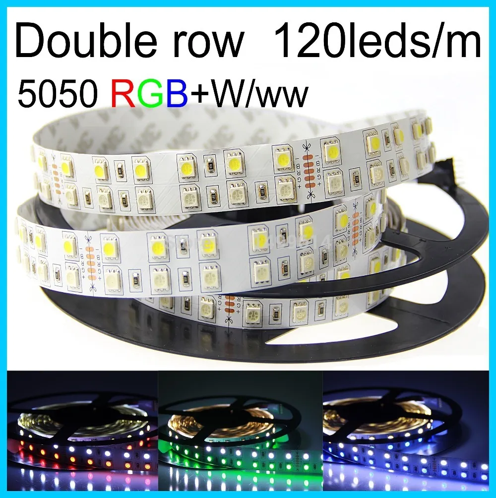 Bandes LED Lumière RGBW Double Rangée DC 12V / 24V SMD 5050 Lumières Flexibles RGB + blanc / blanc chaud non étanche 5M bande led rgb 120LEDS