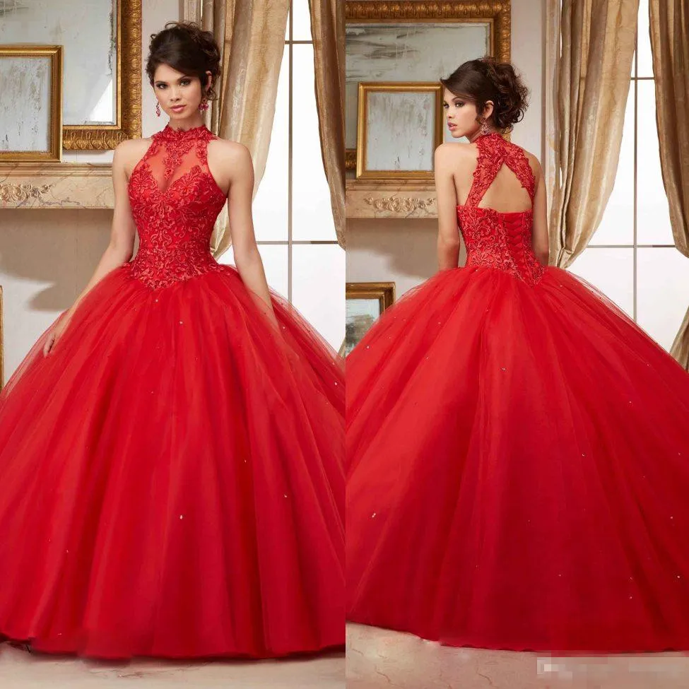 Red Beaded Quinceanera Dresses Sheer High Neck Sweet 16 Masquerad Lace Appliqued Ball Gowns Tulle Debutante Ragazza Dress