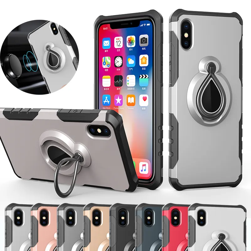 Magnetic Anel Armadura Caso híbrido Dual Layer Com Titular Kickstand no carro para o iPhone X XR XS Max 8 7 6 Plus S8 S9 S10 Além disso,