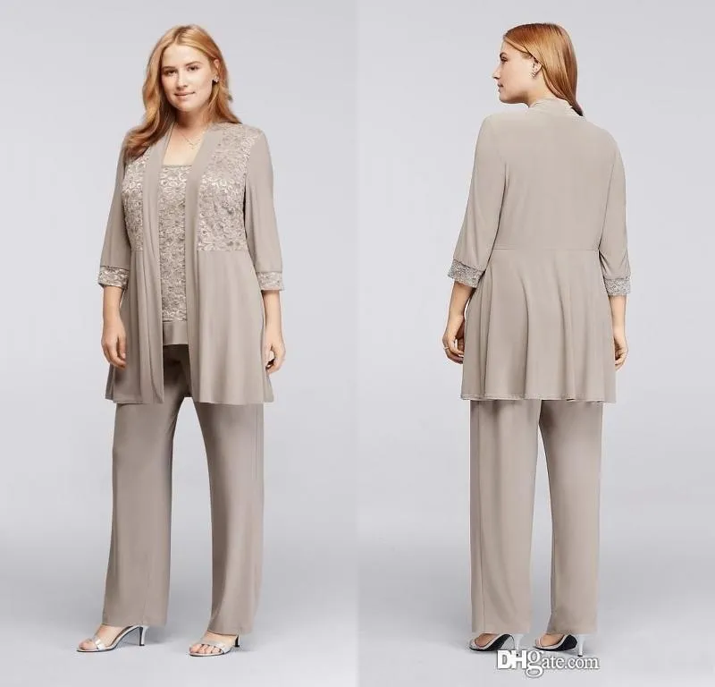 2018 Chiffon grigio Abiti per la madre della sposa Pantaloni Giacca maniche lunghe Tre pezzi Plus Size Applicazioni in pizzo Abiti per la madre alla caviglia