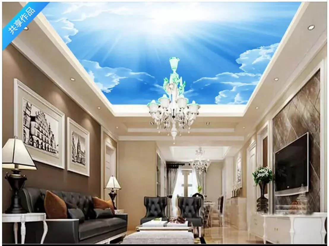 Özel 3D Fotoğraf Tavan Duvar Kağıdı Mavi Gökyüzü Beyaz Bulutlar Güneş Özel 3D Fotoğraf Tavan Duvar Kağıdı Mavi Gökyüzü Beyaz Bulutlar Güneş