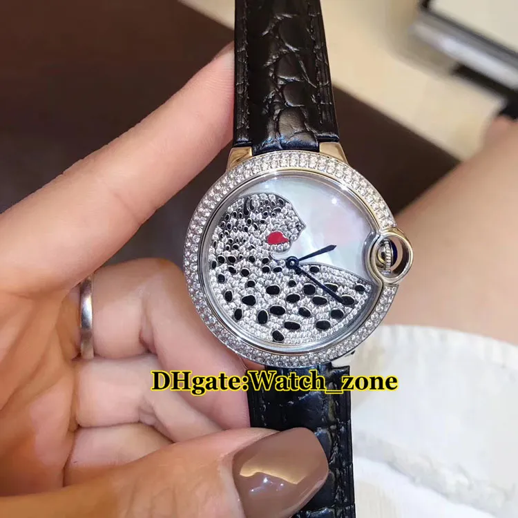 Novo 36mm 3D diamante Leopard Dial Swiss Quartz Womens Womens Watch Silver Diamond Bezel Strap Fashion Lady Watches Wife Presente