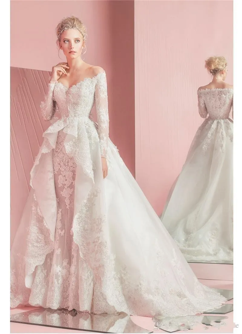 Vintage Zuhair Murad Wedding Dresses with Detachable Skirt Lace Long Sleeves Fitted Sweetheart Applique Overskirt Plus Size Bridal2212235