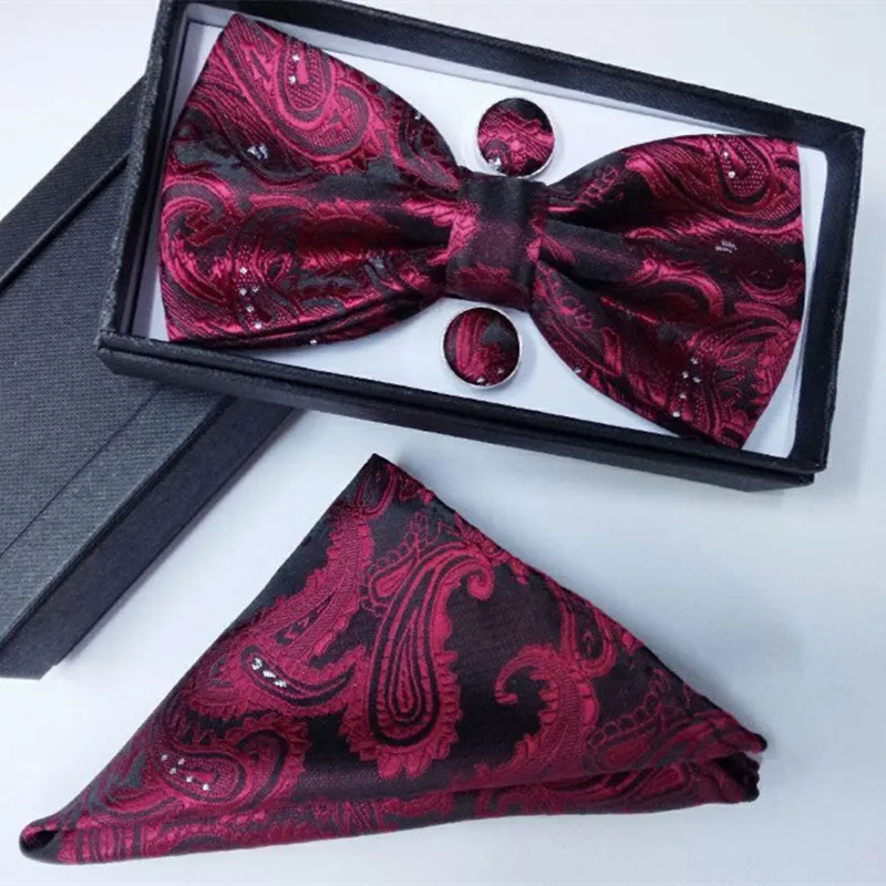 100% homens de seda bowtie bolso quadrado gravata e lenço de lenço hanky com conjunto de caixa de laço cufflink