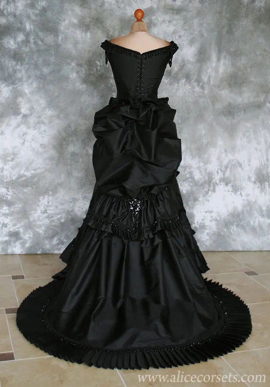 Vestido de bullicio victoriano gótico con cuentas de tafetán con tren Baile de vampiros Mascarada Vestido de novia negro de Halloween Steampunk Goth Siglo XIX