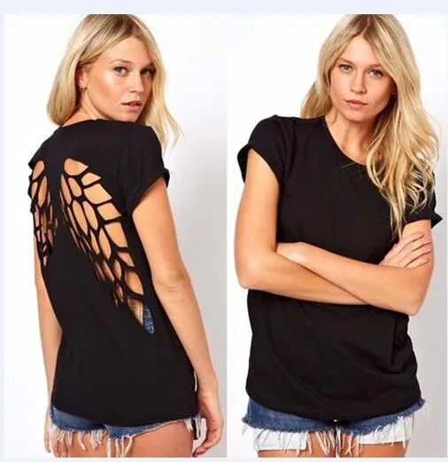 Tees Mode Merk T-shirt Vrouwen Backless Angel T-shirt Wings Women's Shorts Vrouwen Tops Tee Shirt Femme Nieuwe aankomsten Hot Sale Casual Sakura