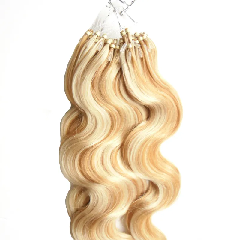 De kleur van P27 / 613 Micro Loop Ring Links Menselijke Hair Extensions 1G / Strand 100 SBLONDE REMY Haar Body Wave Micro Bead Hair Pieces