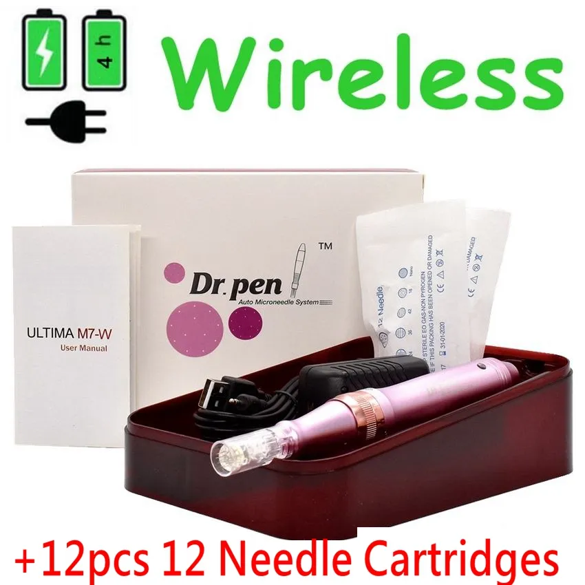 Dr Pen DermaPen M7-W Auto Microneedle System Anti-envejecimiento Agujas ajustables Longitudes 0.25mm-2.5mm + 12pcs 12 Cartuchos de agujas