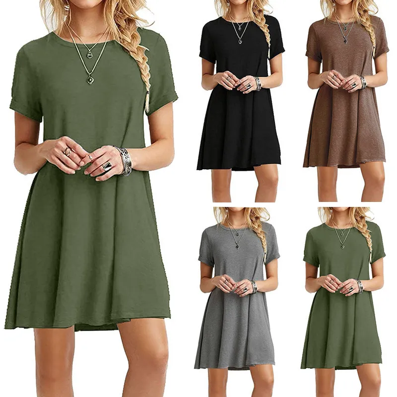 2018熱い販売ソリッドスリーブプラスサイズのドレス女性カジュアルAラインスカートドレス6色
