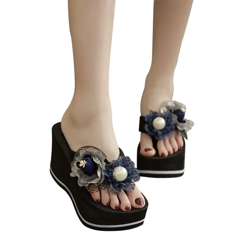 Bord de mer fleurs sandales femmes mode tongs à semelles épaisses dérapage vacances porter des pantoufles