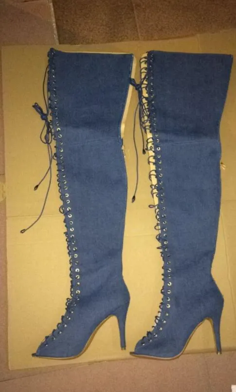 2018 nuovo arrivo Sandali gladiatore con lacci Stivali alti alla coscia Stivali di jeans da donna sopra il ginocchio Stivaletti con tacco alto Scarpe da festa con punta aperta