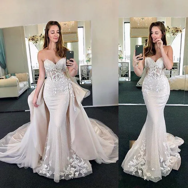 2019 magnifique chérie cou sirène robes de mariée détachable train dentelle appliques balayage train chruch style robe de mariée sur mesure