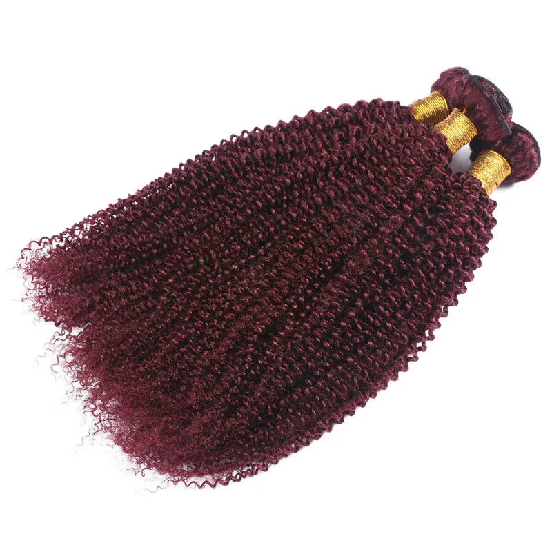 Colored #99J Wine Red Malaysian Human Hair Bundle Deals Kinky Curly Weave Bundles Virgin Burgundy Human Hair Extensions