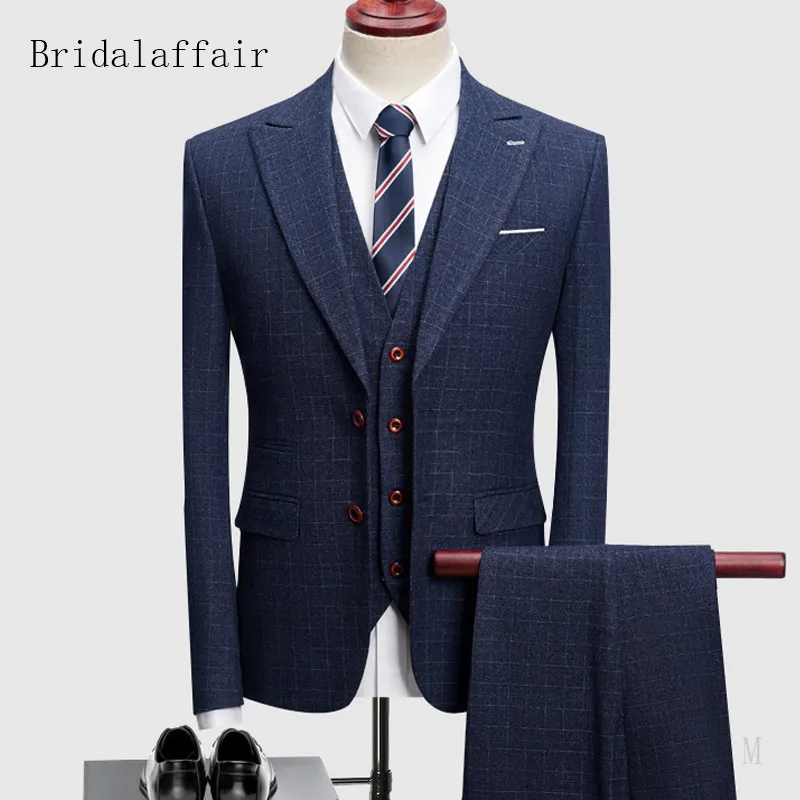 Bridalaffair – ensemble 3 pièces pour hommes, costume de haute qualité, bleu marine, pour bal de mariage, imprimé à carreaux, costumes de marié, smoking sur mesure (veste + pantalon + gilet)