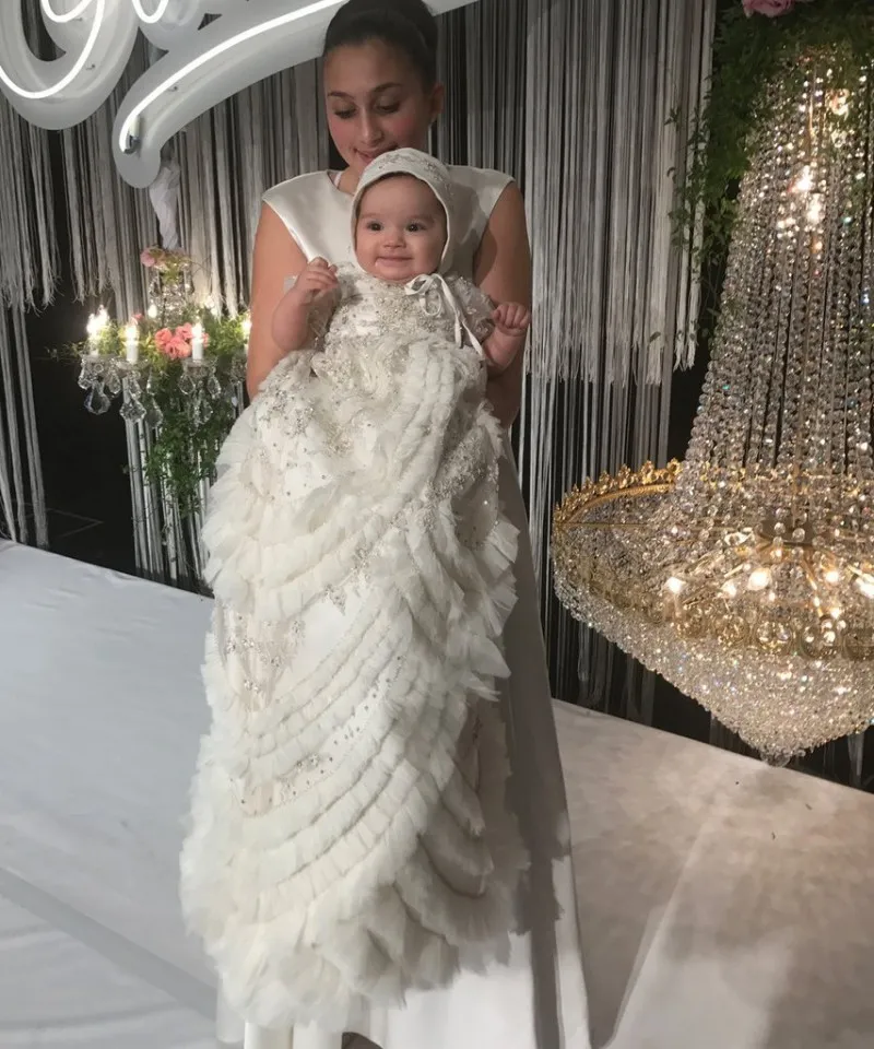 Luxury Crystal Feather Baptism Dress For Baby Girls With Beads