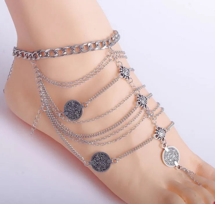 2018 nova moda de verão sexy tassel torcela de tornozelo para mulheres com moeda de moedas tornozelo jóias de pegador de pegador de pé descalço de pé DEC8088881