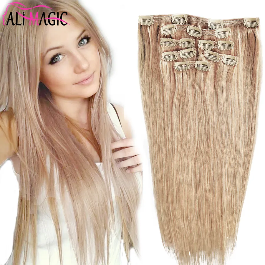 Clip en extensiones de cabello Remy Strawberry Blonde Hair Color Clip Extensiones 18 pulgadas 20 "22" 100g / 7pc AliMagic Directo de fábrica Envío gratis