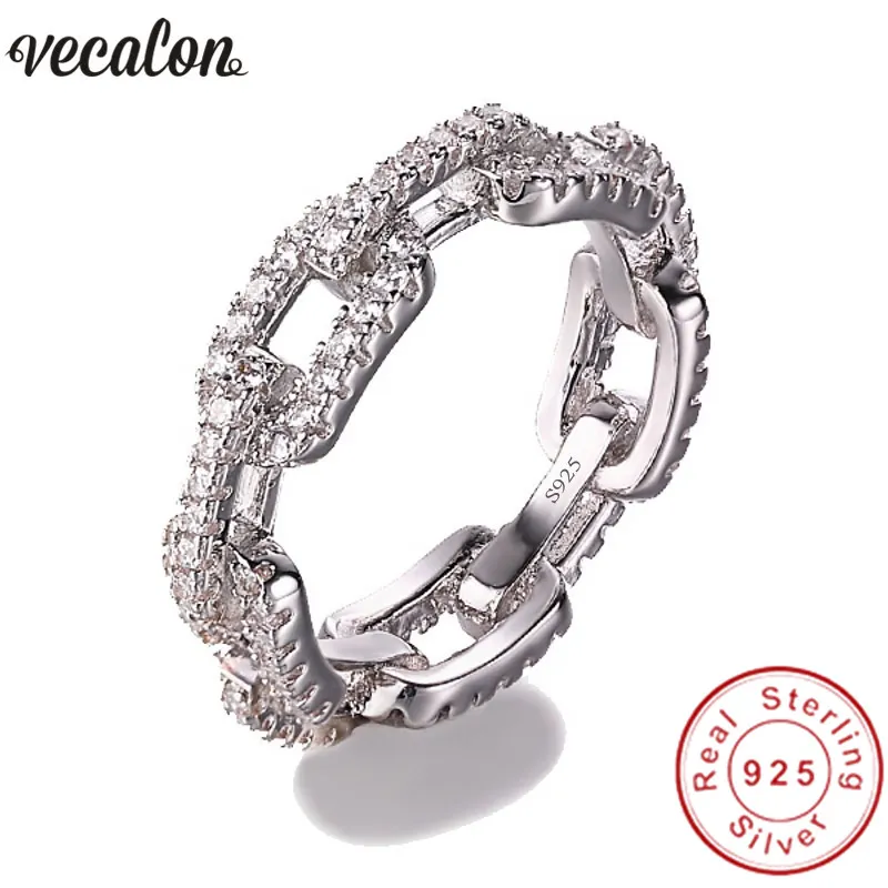 Vecalon Luxury Smycken 100% Soild 925 Sterling Silverring 5A Zircon CZ Chain Form Engagement Bröllop Band Ringar för Kvinnor Män