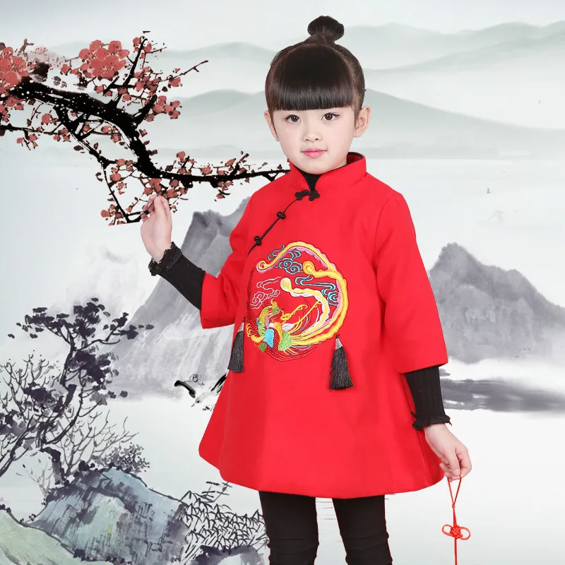 2018 Anno nuovo abito stile cinese ragazze ricamate abito cheongsam autunno inverno abbigliamento bambini vestiti neonate spessi abbigliamento bambini