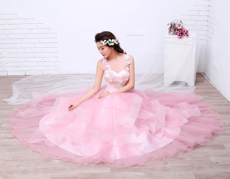 Shippin libero colore rosa filato ragazze abito da sposa 2018 nuova moda semplice arte femminile esame abiti abito parte abiti da sposa