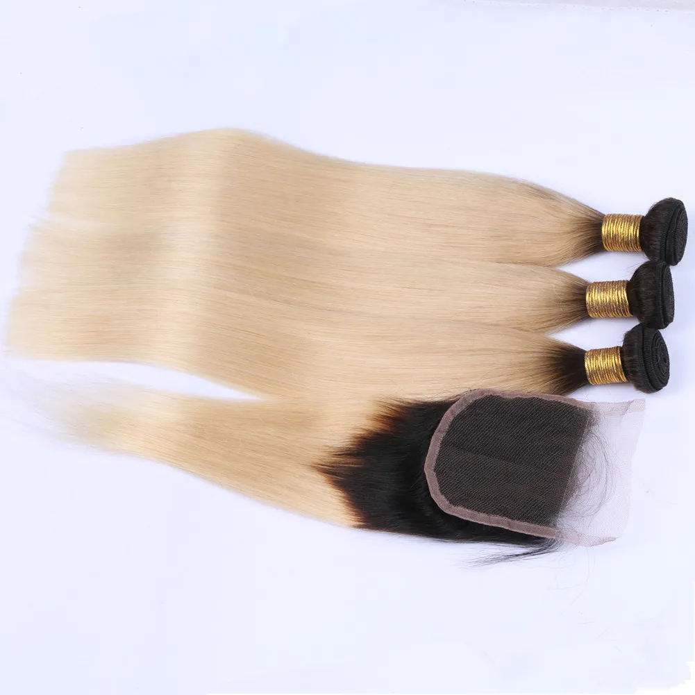 Siyah ve Sarışın Ombre Perulu İnsan Saç Dokuma İpeksi Düz Kapatma ile # 1B / 613 Sarışın Ombre 4x4 Dantel 3Bundles ile Ön Kapatma