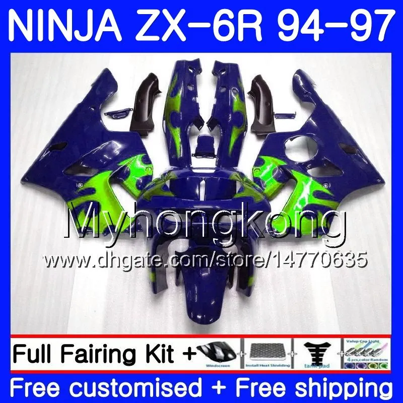 Bodys para KAWASAKI ZX 636 600CC ZX 6R 1994 1995 1996 1997 213HM.44 ZX600 Llamas verdes azul ZX636 ZX-6R 94 97 ZX6R 94 95 96 97 Carenado