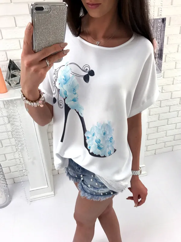 2018 New Cotton Fashion Loose Wonen039S TSHIRT BATWING TEES SEXY HIGH HEELS PRINT CREW LADIES TSHIRT1184432