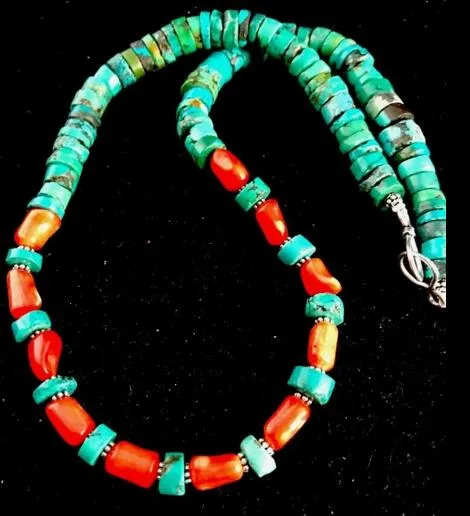 Nativo Turquesa Heishi Coral Sterling Silver Bead Colar Raro