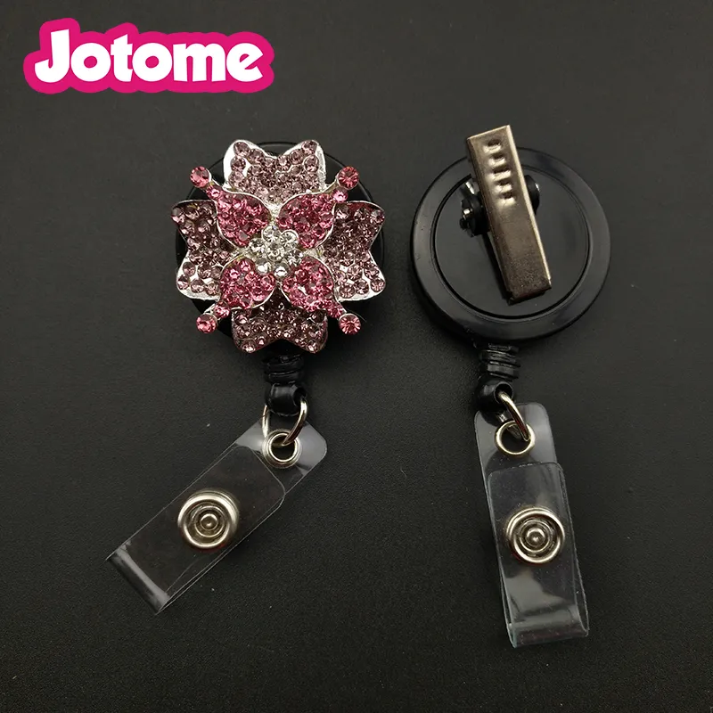 Spilla rosa e viola con strass a forma di fiore a pedale retrattile porta badge identificativo da 10 pz/lotto