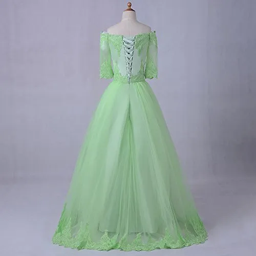 Lime grön vintage spets prom klänningar med ärmar av axel applique tulle en linje korsett tillbaka klänningar kväll slitage fest formella klänningar