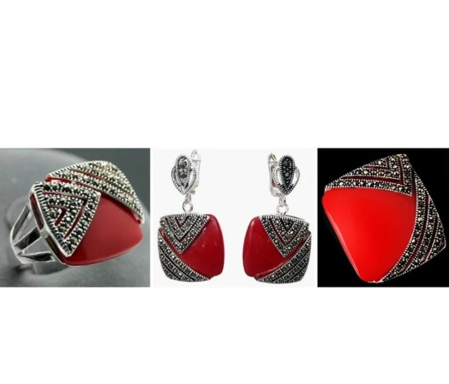 Noble Red Carved Lak Marcasite 925 Sterling Silver Square Ring (# 7-10) Oorbellen Pandent Sieraden Sets