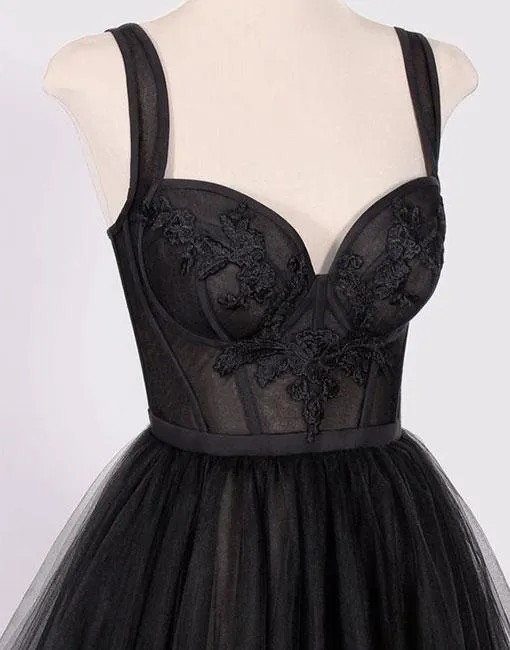 Vraiment échantillon 2018 robes de mariée en tulle noir vintage avec bretelles spaghetti appliques en dentelle