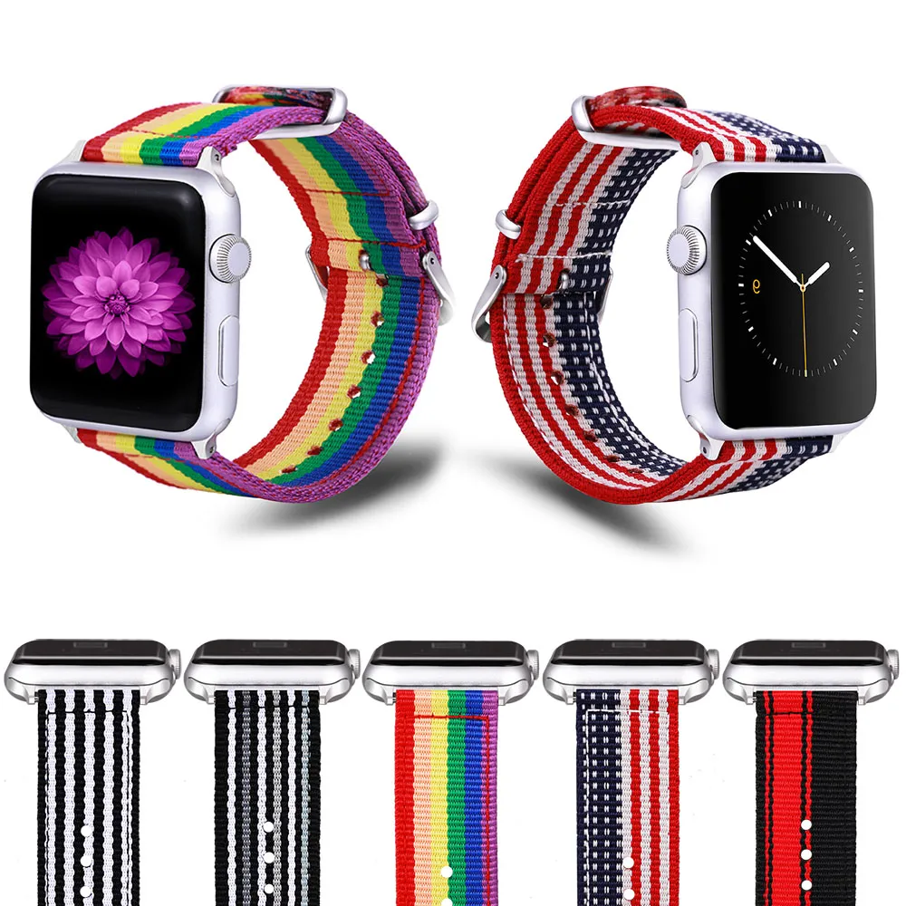 Para Apple Watch banda Rainbow Nylon Band Design Nylon Fabrics Correa Serie 6/5/4/3/2/1 Hebilla clásica de acero inoxidable envío gratis