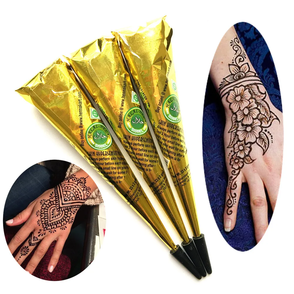 Cônes de pâte de tatouage au henné noir Sexy pour femmes, crème de tatouage au henné Mehndi imperméable pour pochoir de peinture corporelle, 3 pièces/lot