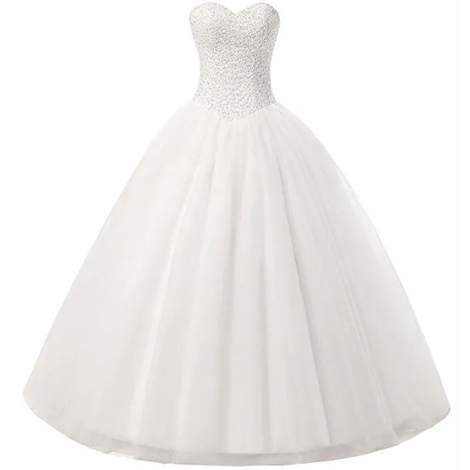 Beaded Tulle Ball Gown Bröllopsklänning 2020 Vit Elfenben Längd Brudklänningar Nya Brudklänningar Vestidos de Novia Sweetheart / Off Shoulder