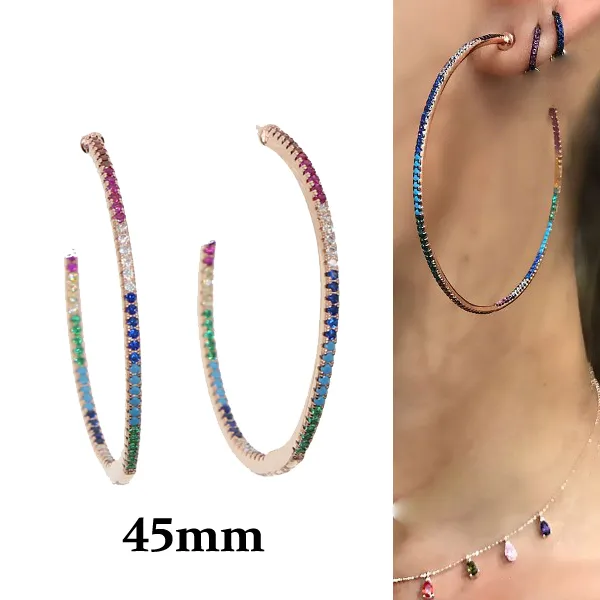 Rainbow cz Statement Girl 45mm Big Hoop Earrings For Women Lady Simple rose Gold Color Punk Large Circle Earring Fashion Jewelry