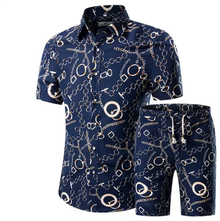 wholesale Men Shirts Shorts Set New Summer Casual Printed Hawaiian Shirt Homme Short Male Printing Sets Plus Size