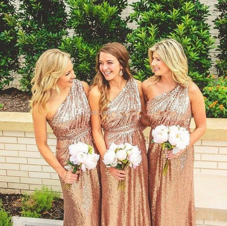 Rose Gold Sequins Bridesmaid Dresses 2018 반짝 반짝 빛나는 결혼식 용 하나의 어깨 라인 길이가 긴 플러스 사이즈 공식 메이드 명예 가운