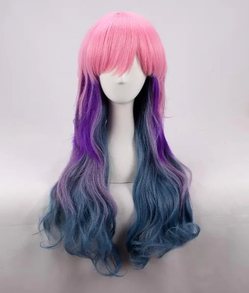 60cm Rainbow Ombre Pink Purple Blue Curly Wavy Long Mermaid Fringe Wig Full Hair