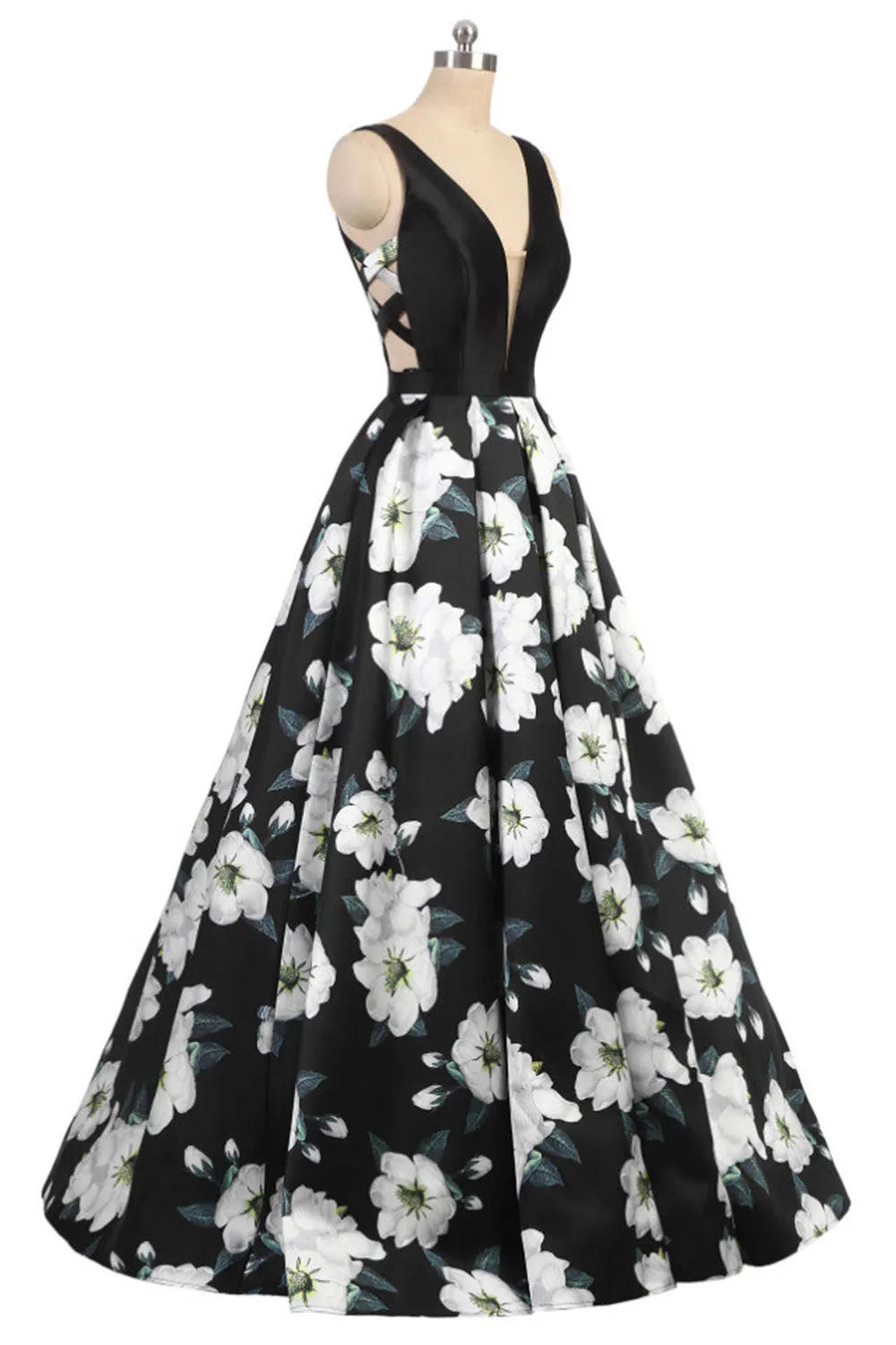 女性フォーマルセレブのイブニングドレス花柄のプリント卒業パーティーガウンローバックディープvneck3dフラワーバックレスボールガウンプロム1948247