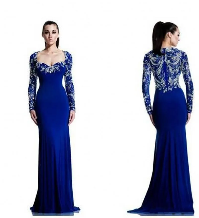 Trendy Royal Blue Arabic Evening Dresses With Cape Long Sleeve Dubai Beads Crystal Vestidos De Festa Party Formal Pageant Celebrity Gowns