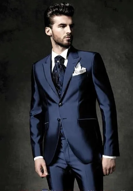 Klassiek Design Glanzend Blauwe Bruidegom Tuxedos Piek Revers Twee Button GroomsMen Uitstekende Heren Bruiloft Smokkelen Man Pak (Jas + Broek + Vest + Tie) 103